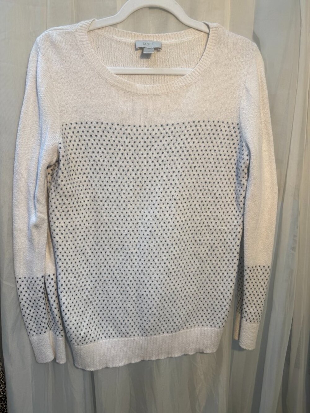 LOFT Cream Blue Textured Dot Knit Crewneck Sweater Pullover Size M
